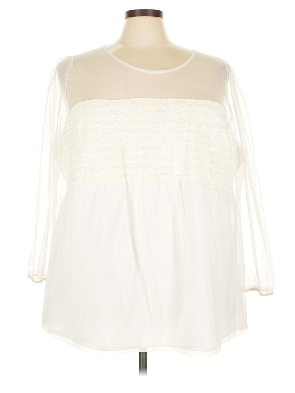 White Sheer-Yoke Long Sleeve Blouse